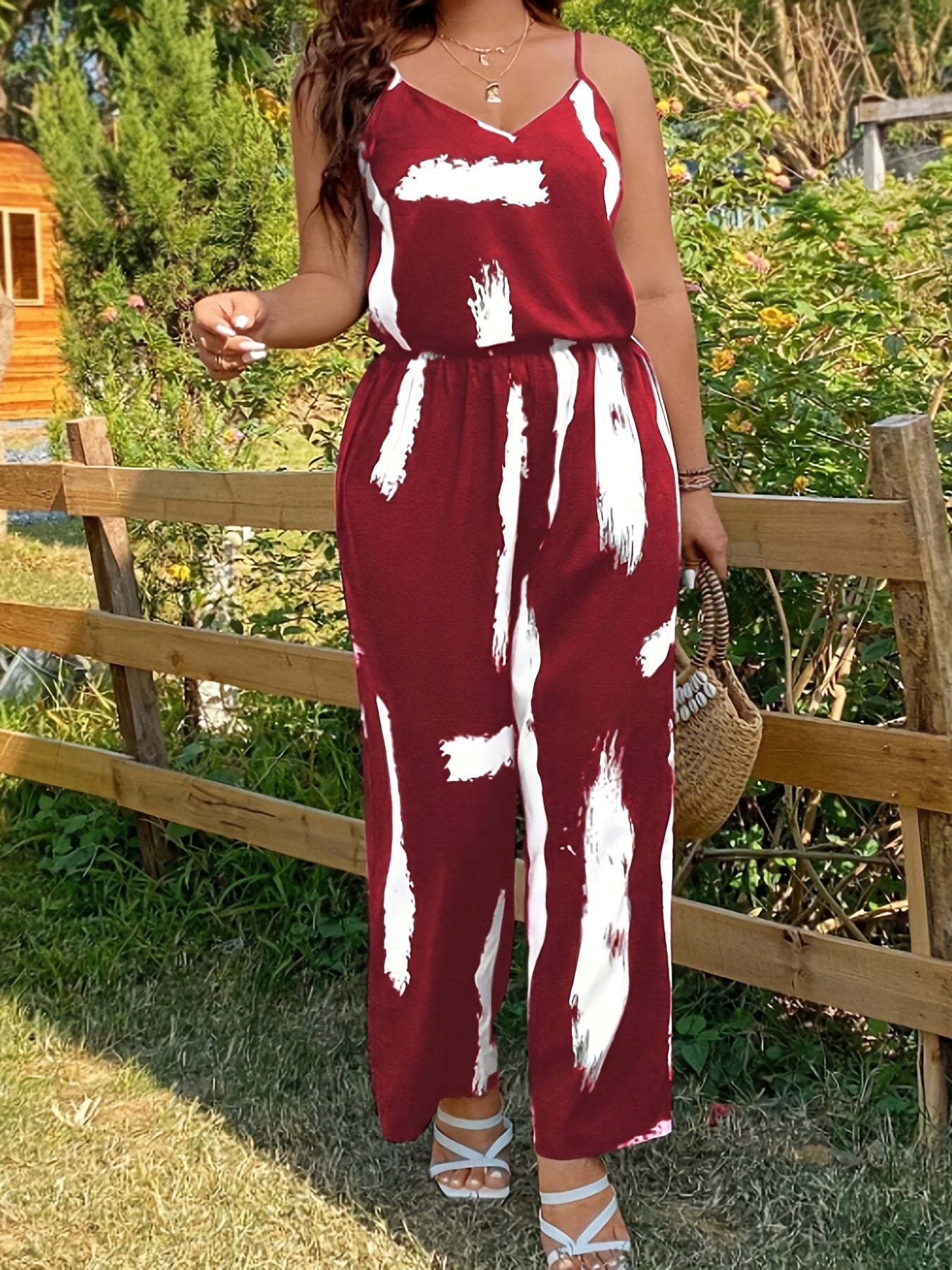 Brush Print V Neck Cami Top & Wide Leg Pants Set