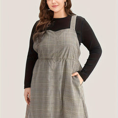 Preppy Outfits Long Sleeve Top & Plaid Overall Dress
