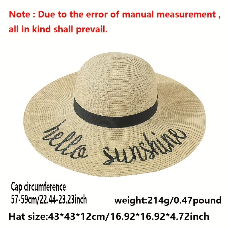 Hellow Sunshine Embroidery Sun Hat Wide Brim Sunscreen Straw Hat
