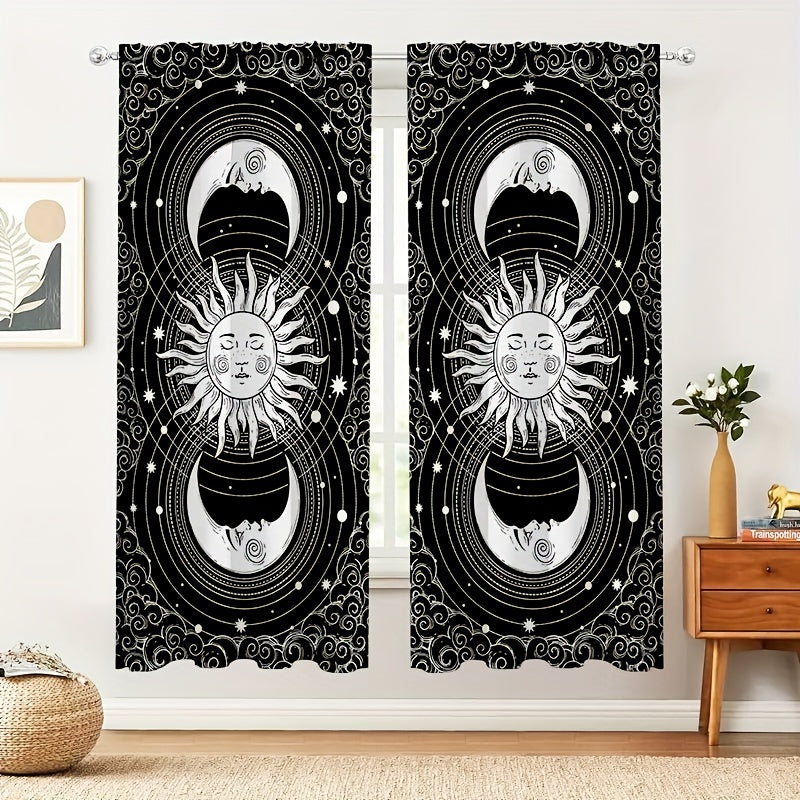 2pcs Sun Moon Printed Curtains Rod Pocket Semi Blackout Window Curtains