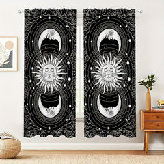 2pcs Sun Moon Printed Curtains Rod Pocket Semi Blackout Window Curtains