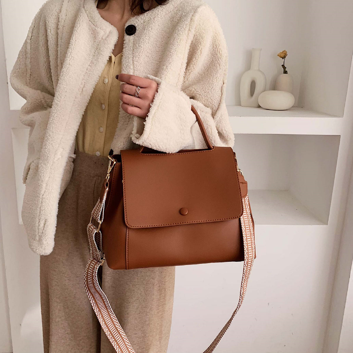 Minimalist Flap Satchel Bag PU Leather Top Handle Purse Women's Work Crossbody
