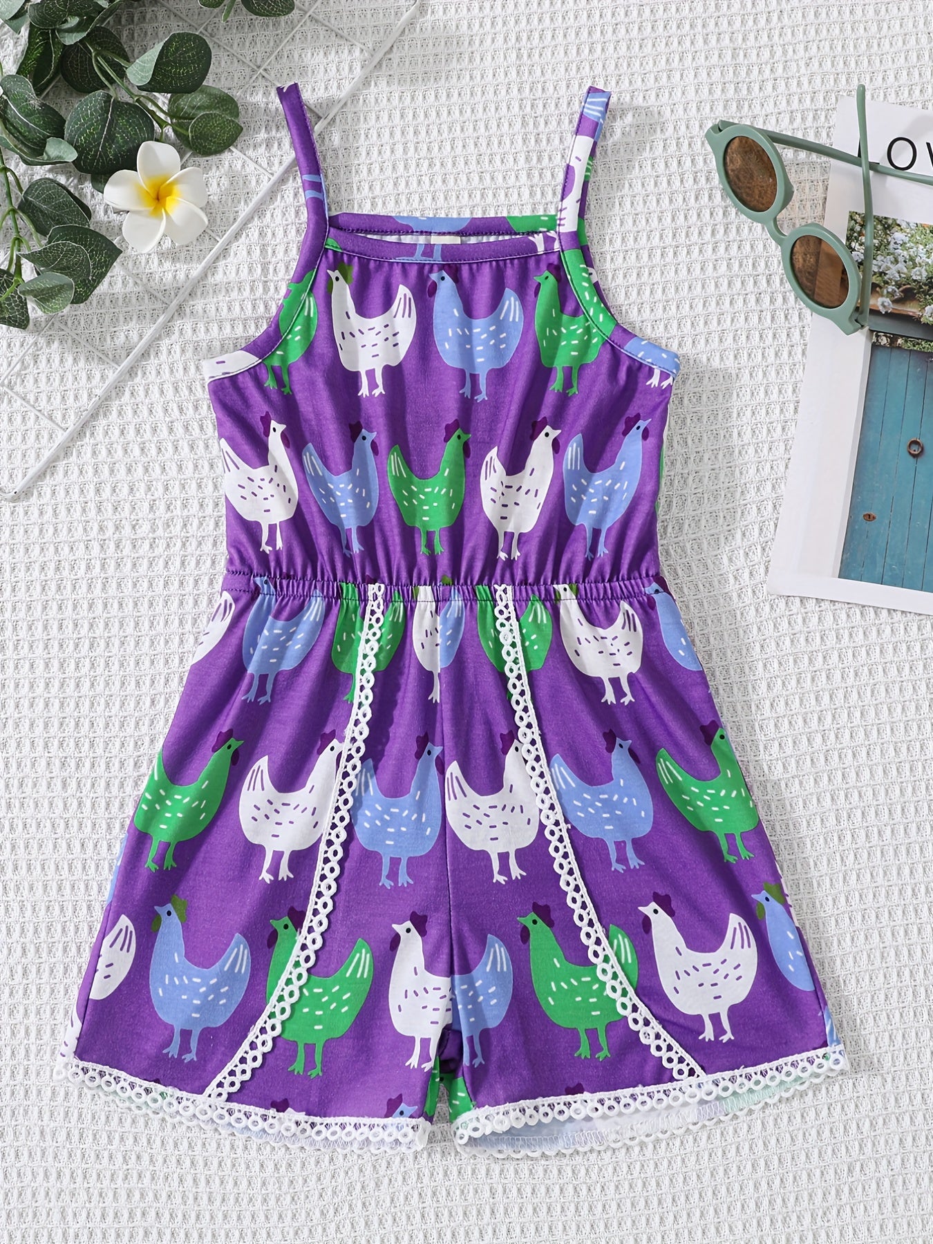 Girls' Chicken Farm Print Romper Jumpsuit