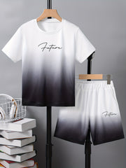 Boy's Gradient 2pcs T shirt & Shorts Set FUTURE Print Short Sleeve Top