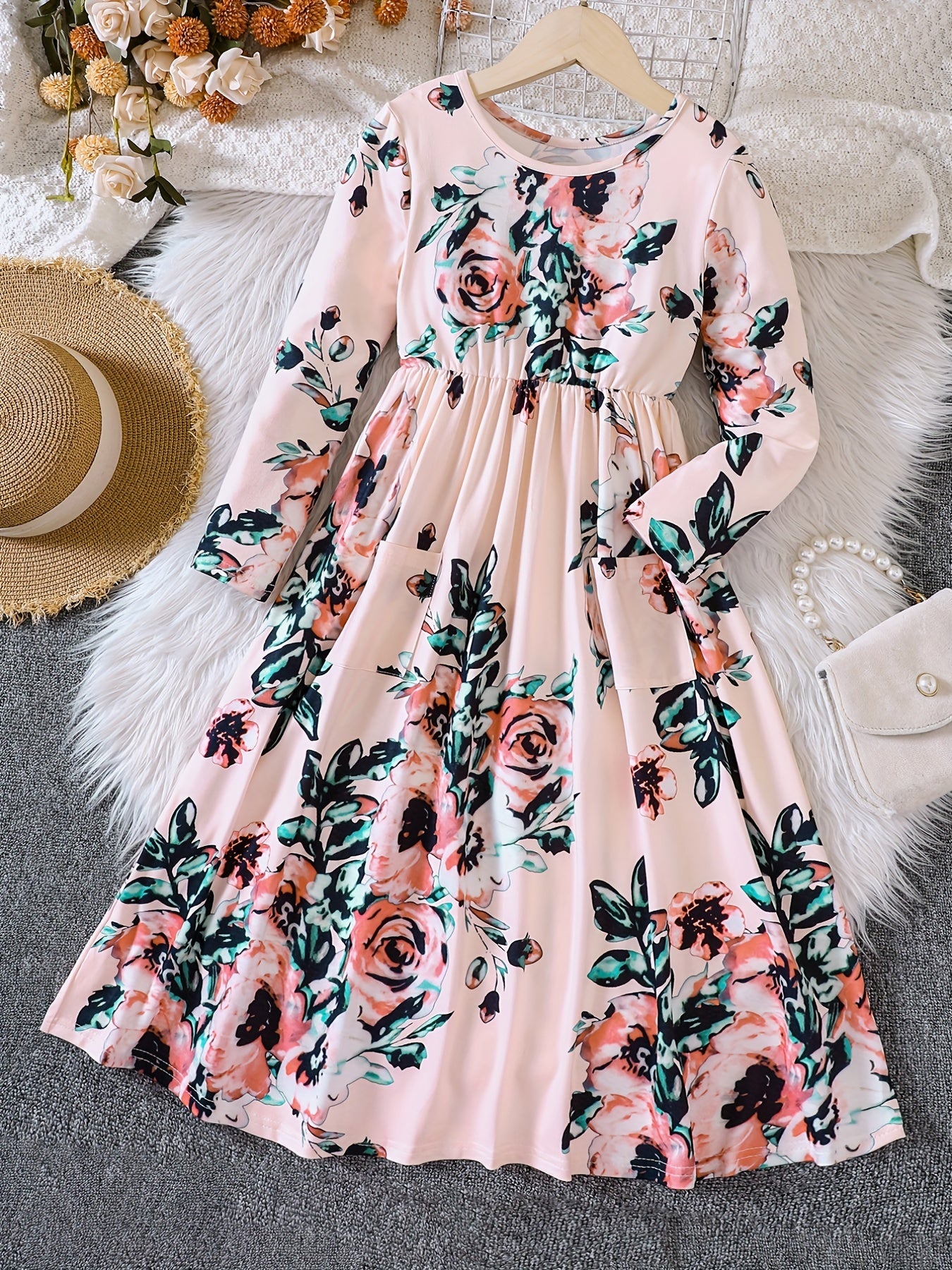 Girls' Retro Floral Print Long Sleeve Dress With Belt