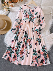 Girls' Retro Floral Print Long Sleeve Dress With Belt