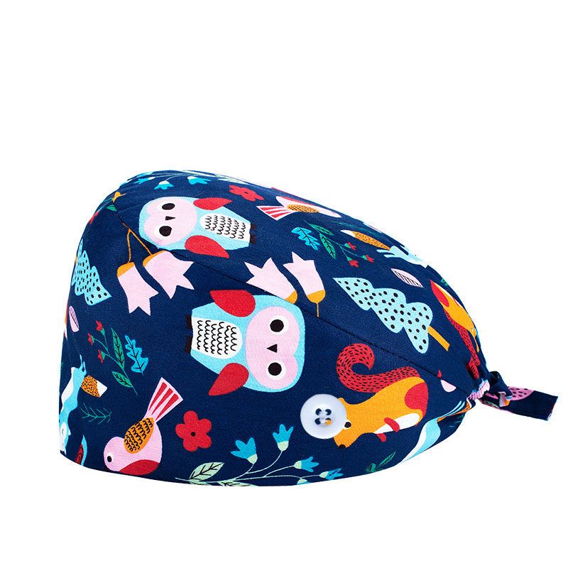 Floral Print Nurse Scrub Cap with Lace Up Elastic - Adjustable Work Hat