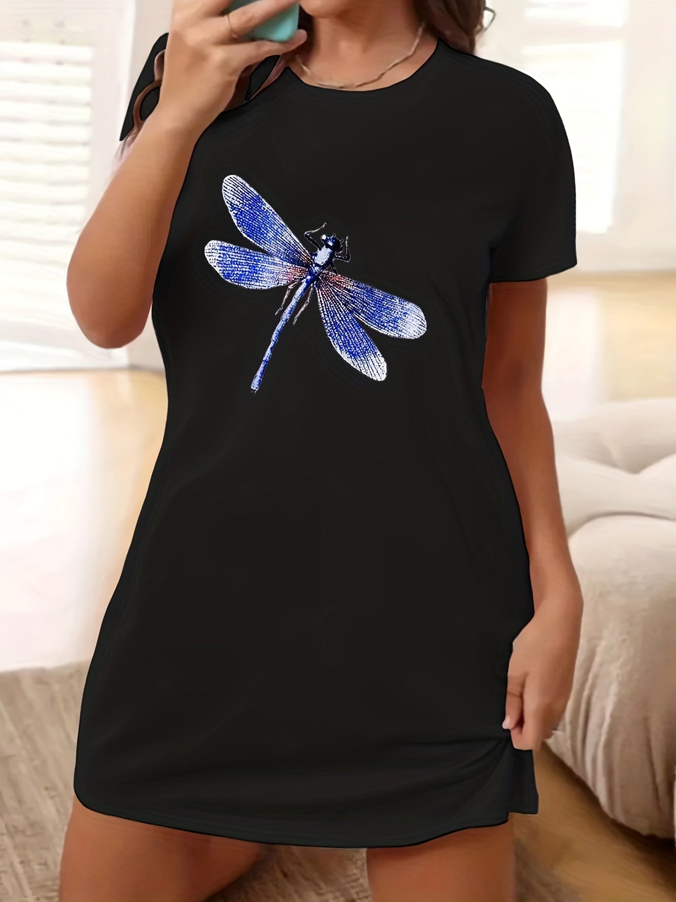 Dragonfly Print Lounge Dress Short Sleeve Round Neck Nightdress