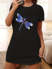 Dragonfly Print Lounge Dress Short Sleeve Round Neck Nightdress
