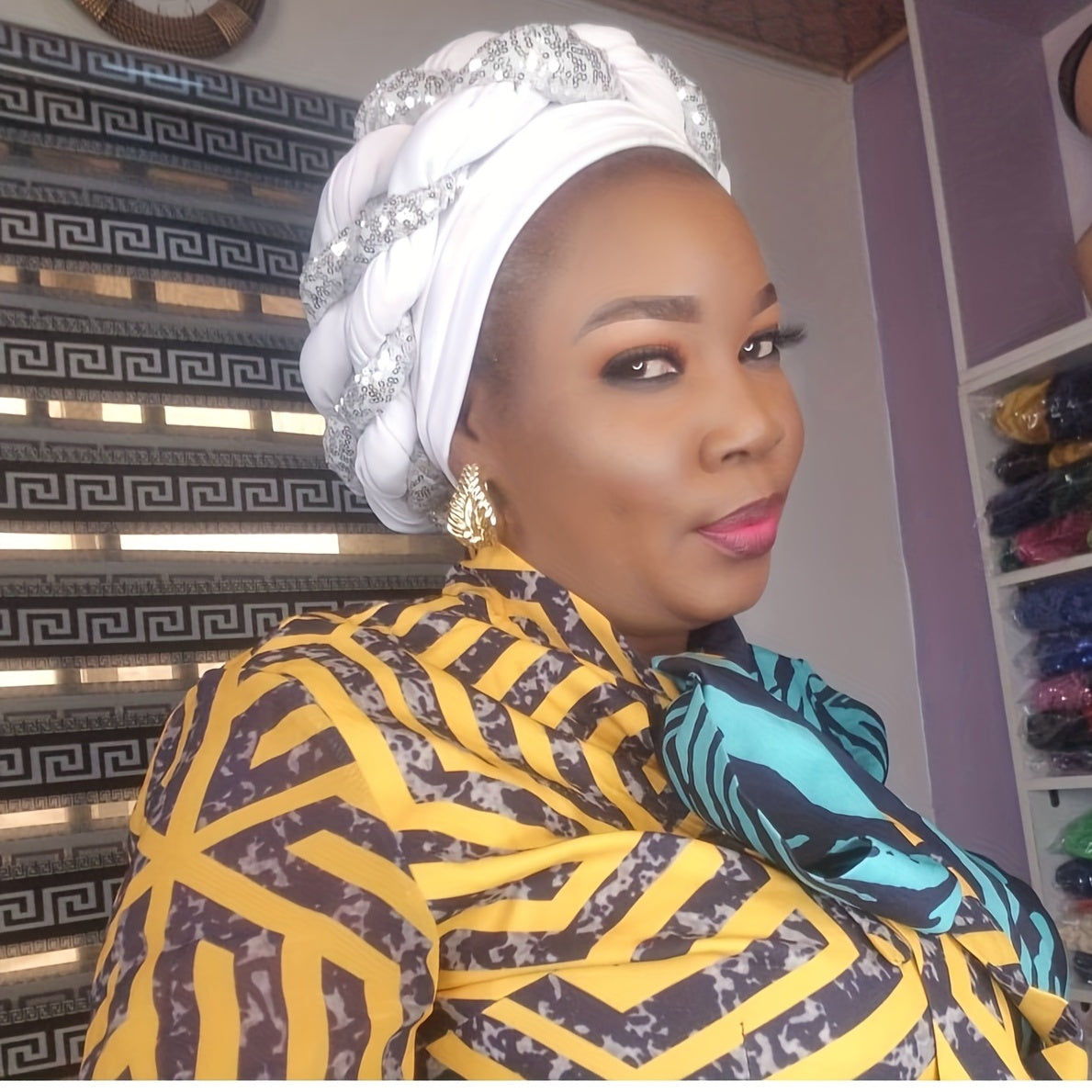 Sequin Turban Cap Double Braid Pre tied Head Wrap Elastic Bonnet