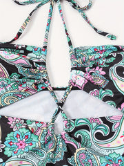 Boho Swimsuit Paisley Print Halter One Piece Bathing Suit