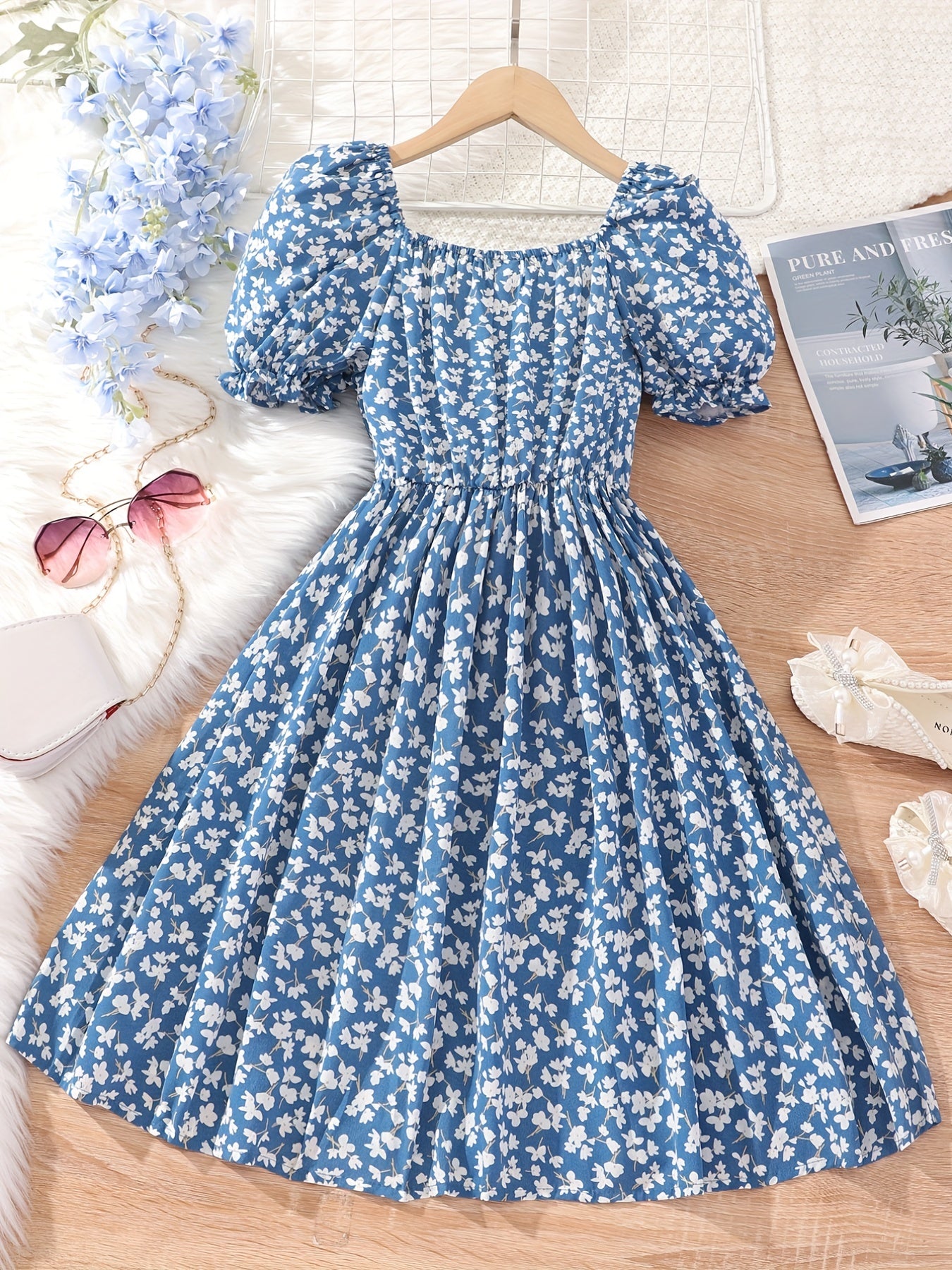 Girls Floral Print Square Neck Casual Dress for Summer