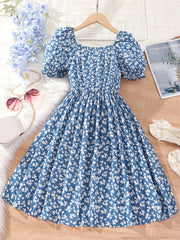 Girls Floral Print Square Neck Casual Dress for Summer