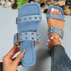Studded Flat Slides Denim Buckle Strap Sandals