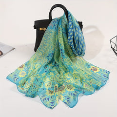 Peacock Print Chiffon Boho Vintage Shawl Head Wrap