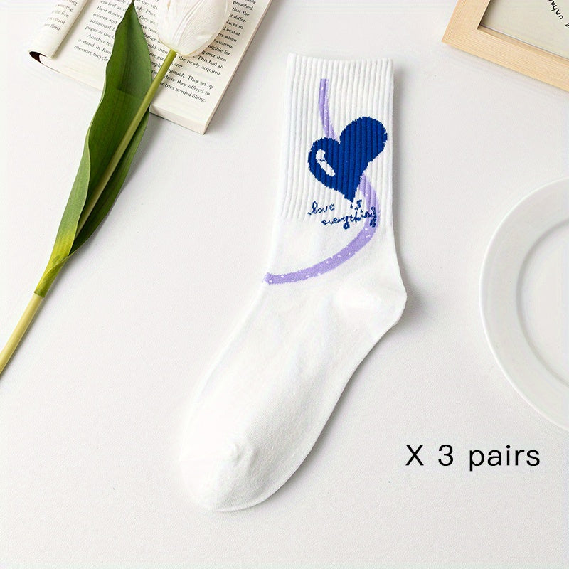 3 Pairs Bear & Heart Print Socks Comfy Women's Stockings