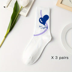3 Pairs Bear & Heart Print Socks Comfy Women's Stockings