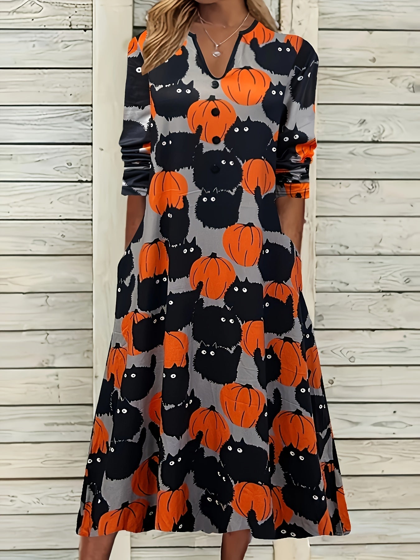 Halloween Dress Women's Plus Allover Cat & Pumpkin Print Maxi Dress