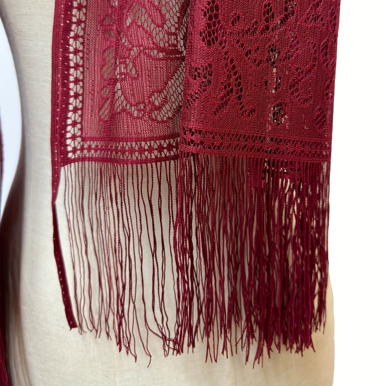 Red Lace Tassel Scarf Floral Shawl for Party Prom Wedding Bridal