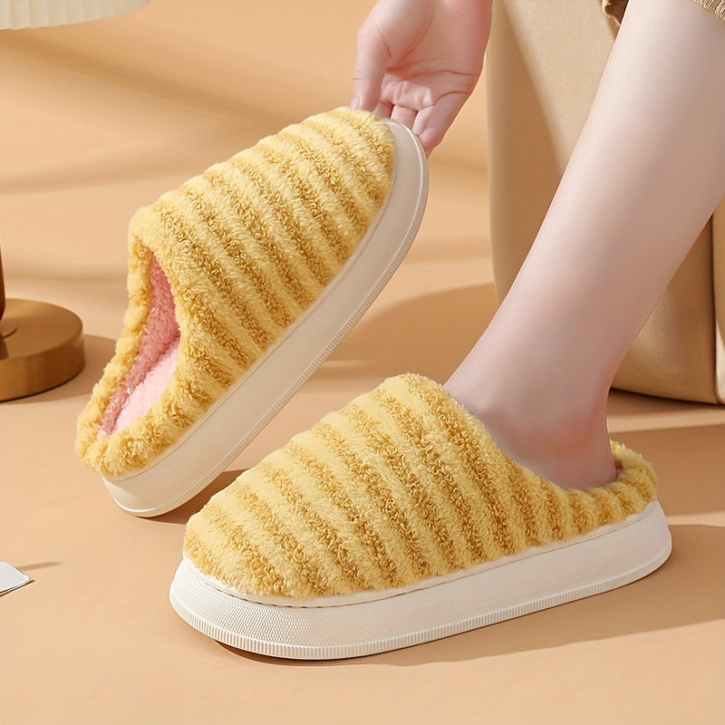 Women's Stripe Pattern Fuzzy Slippers Plush Lined Indoor Shoes