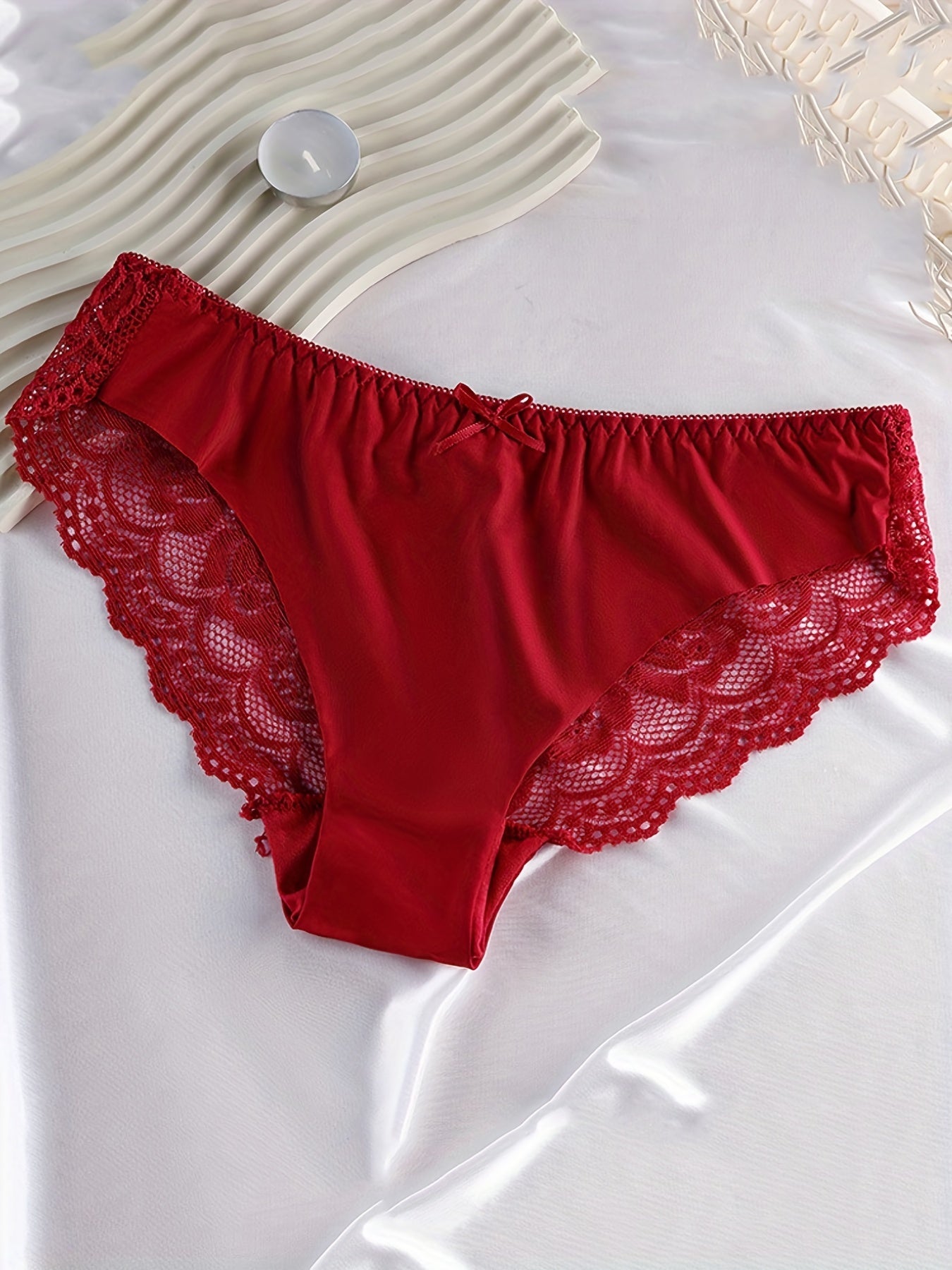 6pcs Lace Briefs Scallop Trim Bow Tie Panties Women's Lingerie