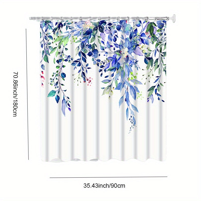 Green Plant Pattern Shower Curtain With Hooks Waterproof Bathroom Decor