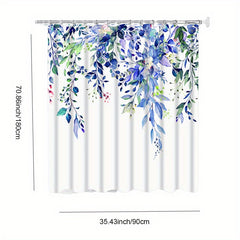 Green Plant Pattern Shower Curtain With Hooks Waterproof Bathroom Decor