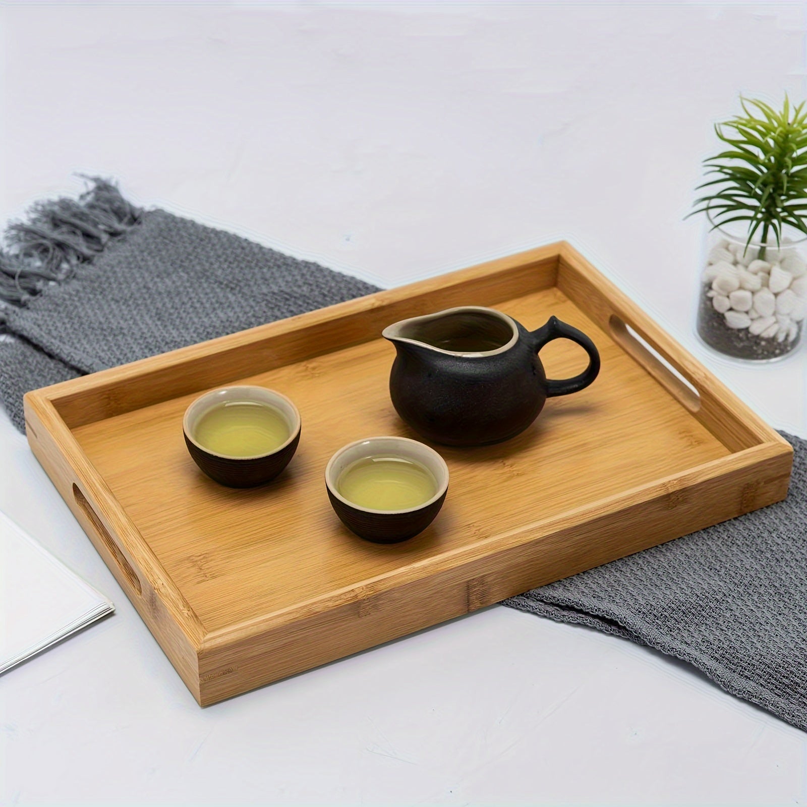Bamboo Serving Tray With Handles Wooden Fruit Storage Trays