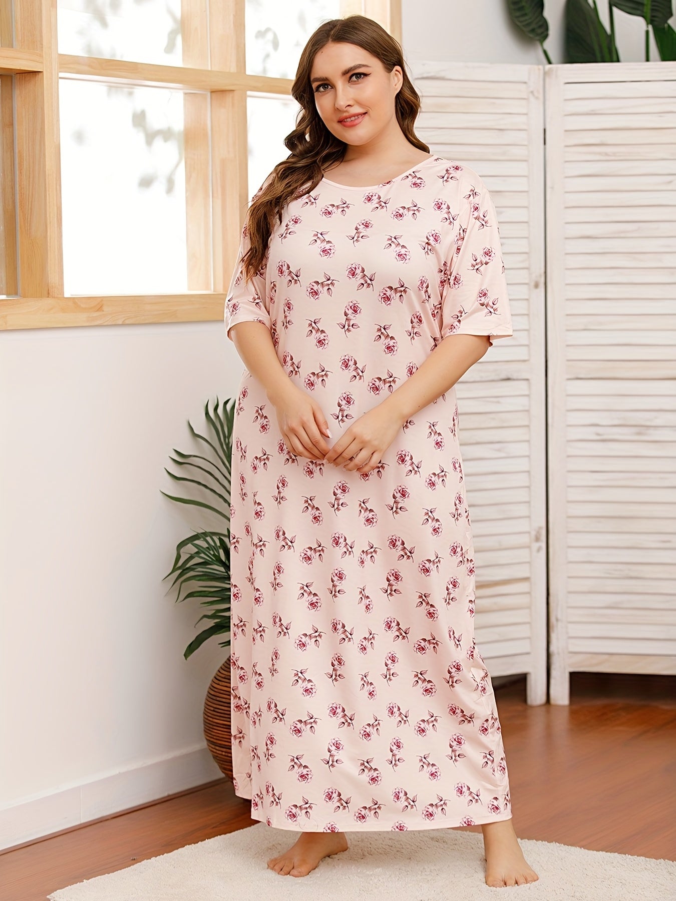 Casual Nightdress Women's Plus Floral Print Maxi Nightgown