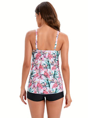 Floral Print Tankini Swimsuit, Tummy Cover, Brown & Pink