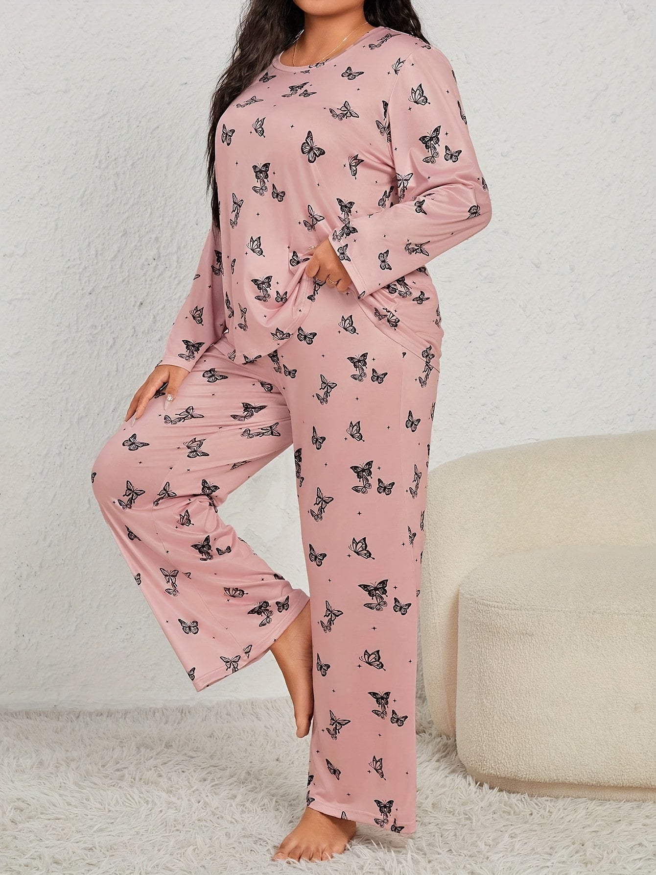 Butterfly Print Pajama Set Long Sleeve Tee & Pants Lounge 2 Piece