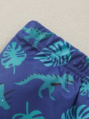 Boys Dino & Leaves Print Swim Trunks & Cap Set for Beach Vacation