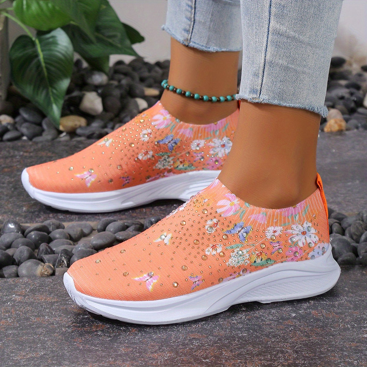 Women's Floral Rhinestone Slip On Sneakers Lightweight Outdoor Casual Shoes
