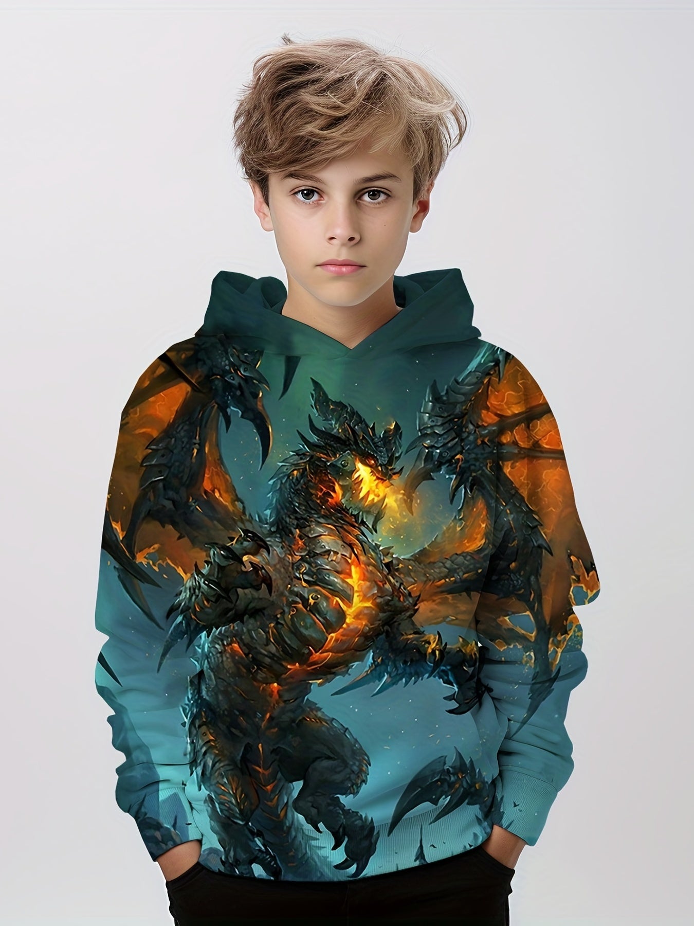 Dragon 3D Print Boys Casual Pullover Hooded Sweatshirt
