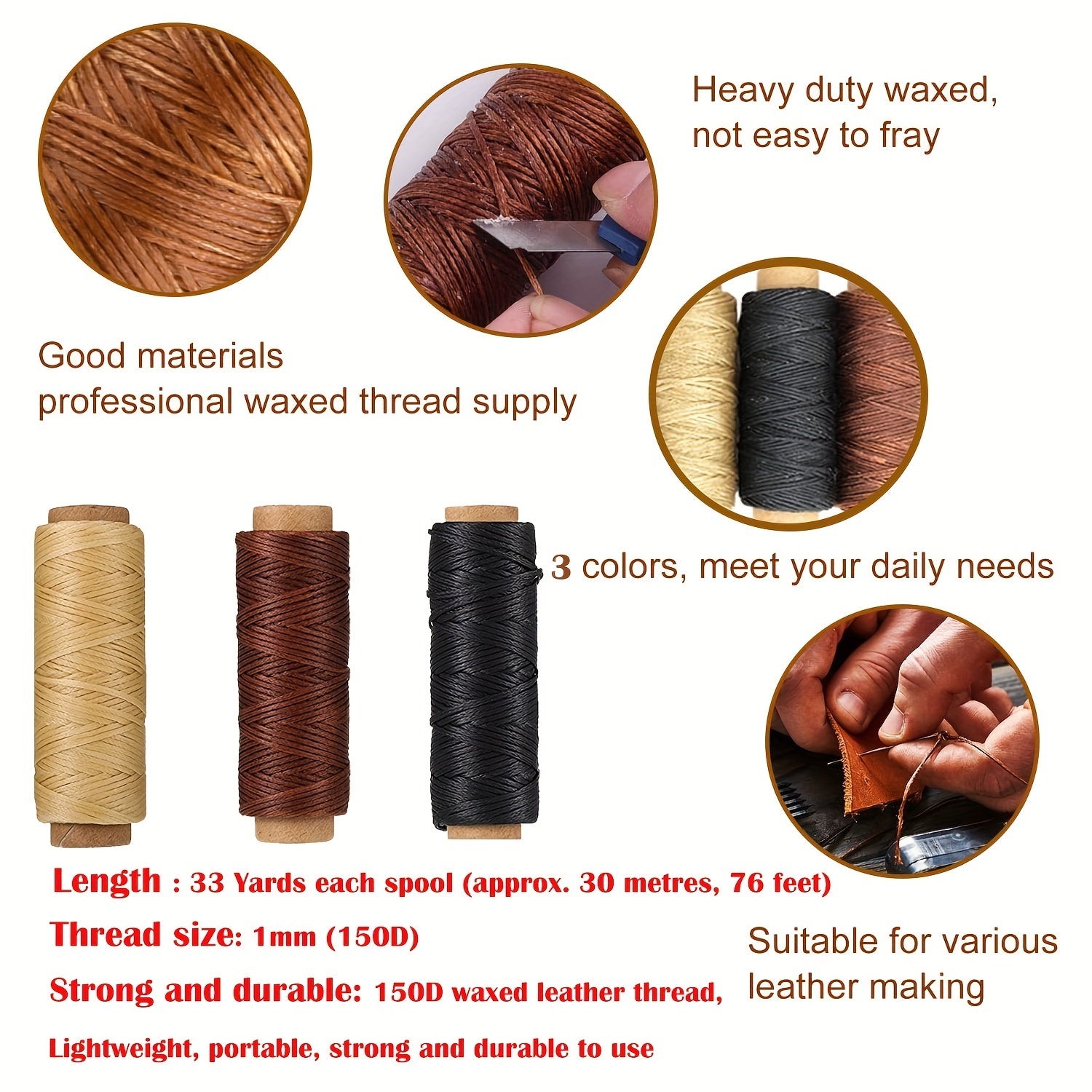 12pcs Leather Sewing Kit w/ 33 Yards Waxed Thread Cord & Large Eye Needles