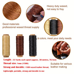 12pcs Leather Sewing Kit w/ 33 Yards Waxed Thread Cord & Large Eye Needles