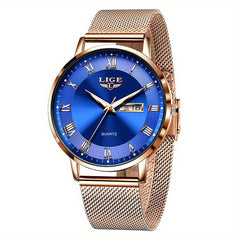 LIGE Rose Gold Ladies Watch Stainless Steel Mesh Bracelet Waterproof Quartz
