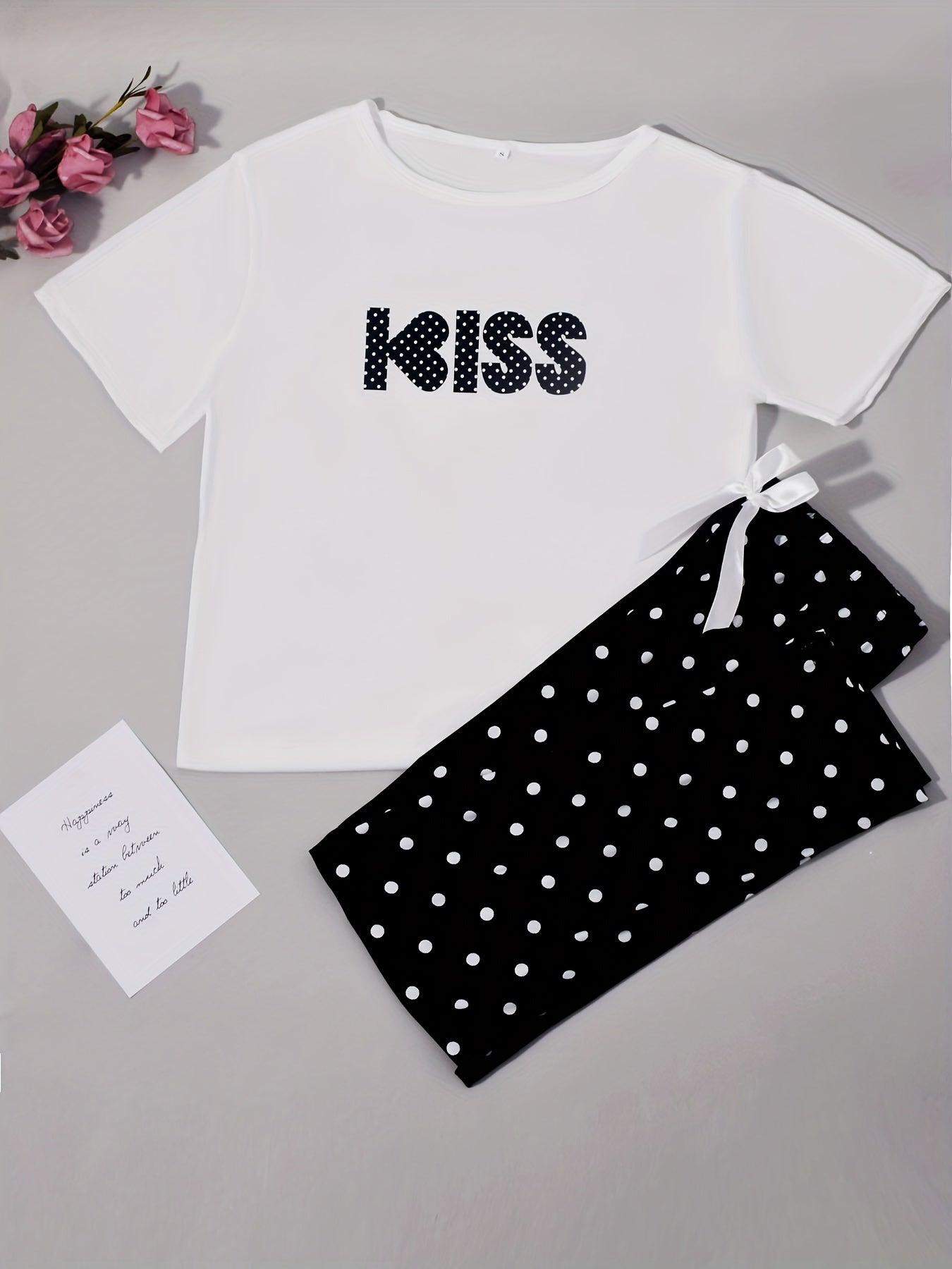 Letter Print Pajama Set Short Sleeve Crew Neck Top & Polka Dot Pants