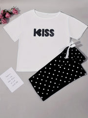 Letter Print Pajama Set Short Sleeve Crew Neck Top & Polka Dot Pants