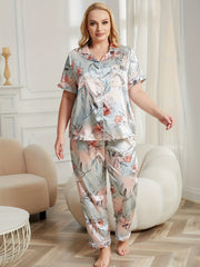 Satin Floral Pajama Set Short Sleeve Shirt & Pants