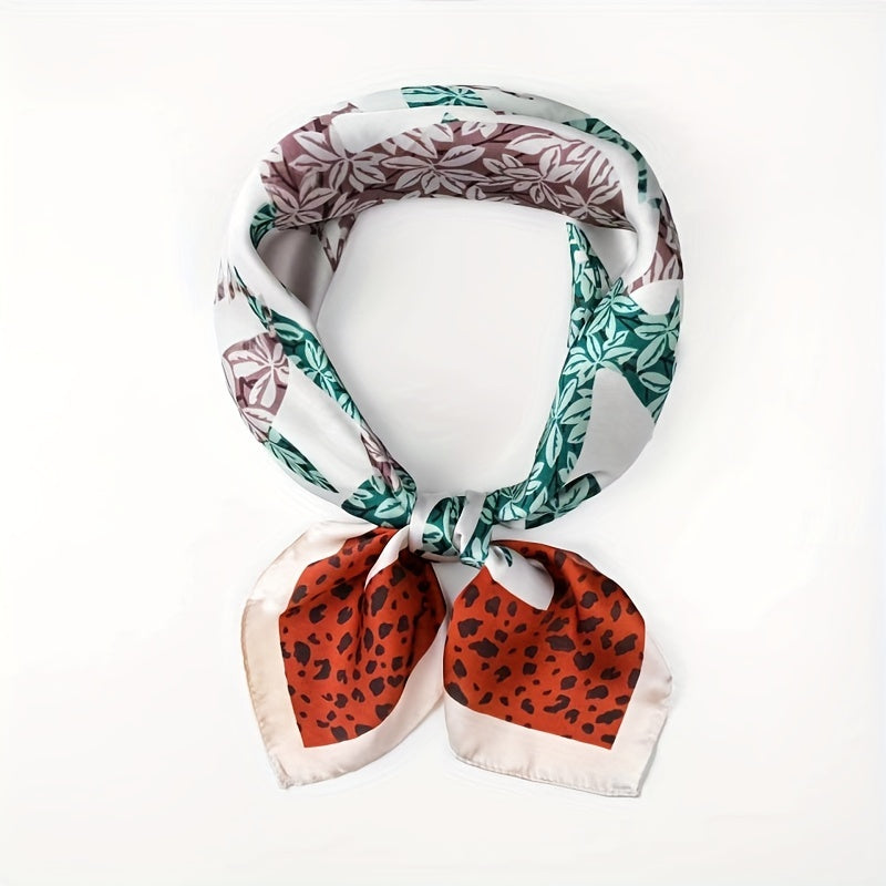 Leopard Leaf Print Bandana Square Scarf Satin Neckerchief Boho Hair Accessories