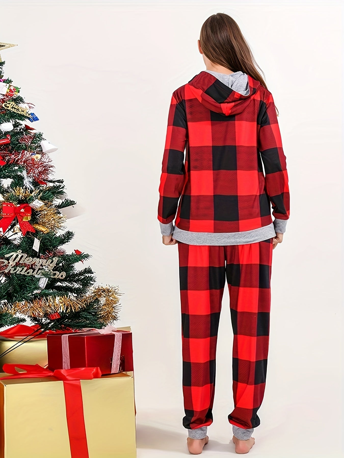 Christmas Hooded Top & Plaid Pants Pajama Set