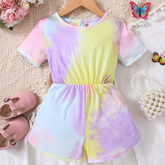 Girls Tie Dye Round Neck Short Sleeve Romper Jumpsuit