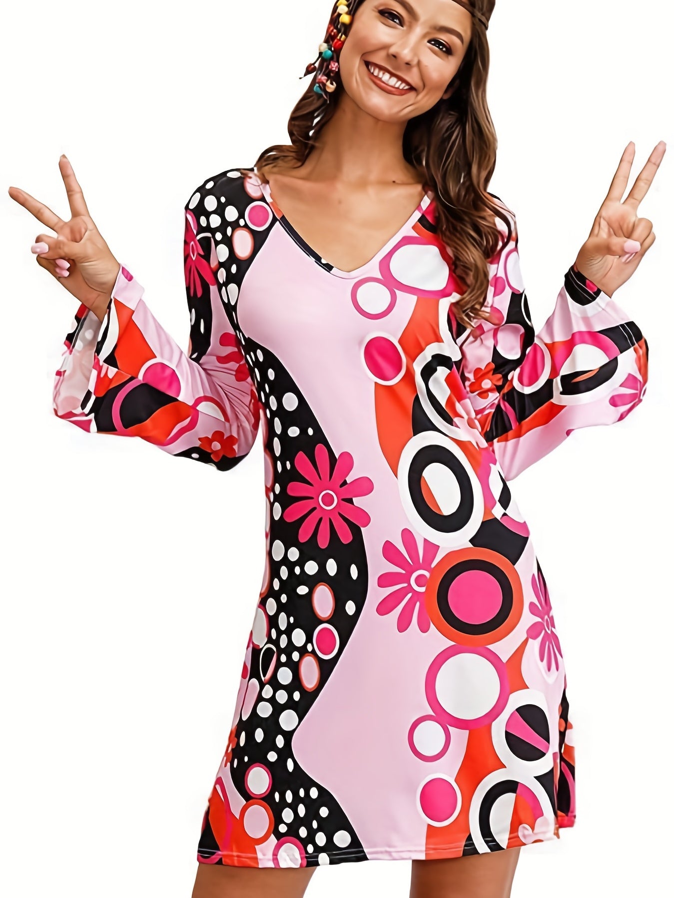 Floral Print Mini Dress V Neck Long Sleeve Casual Dress