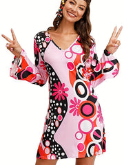 Floral Print Mini Dress V Neck Long Sleeve Casual Dress