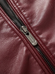 Men's Embroidery Cycling Jacket Casual Stand Collar PU Leather Zip Up Jacket