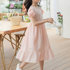 Girl's Summer Cotton Dress Crew Neck Puff Sleeves Bowtie Princess Dress