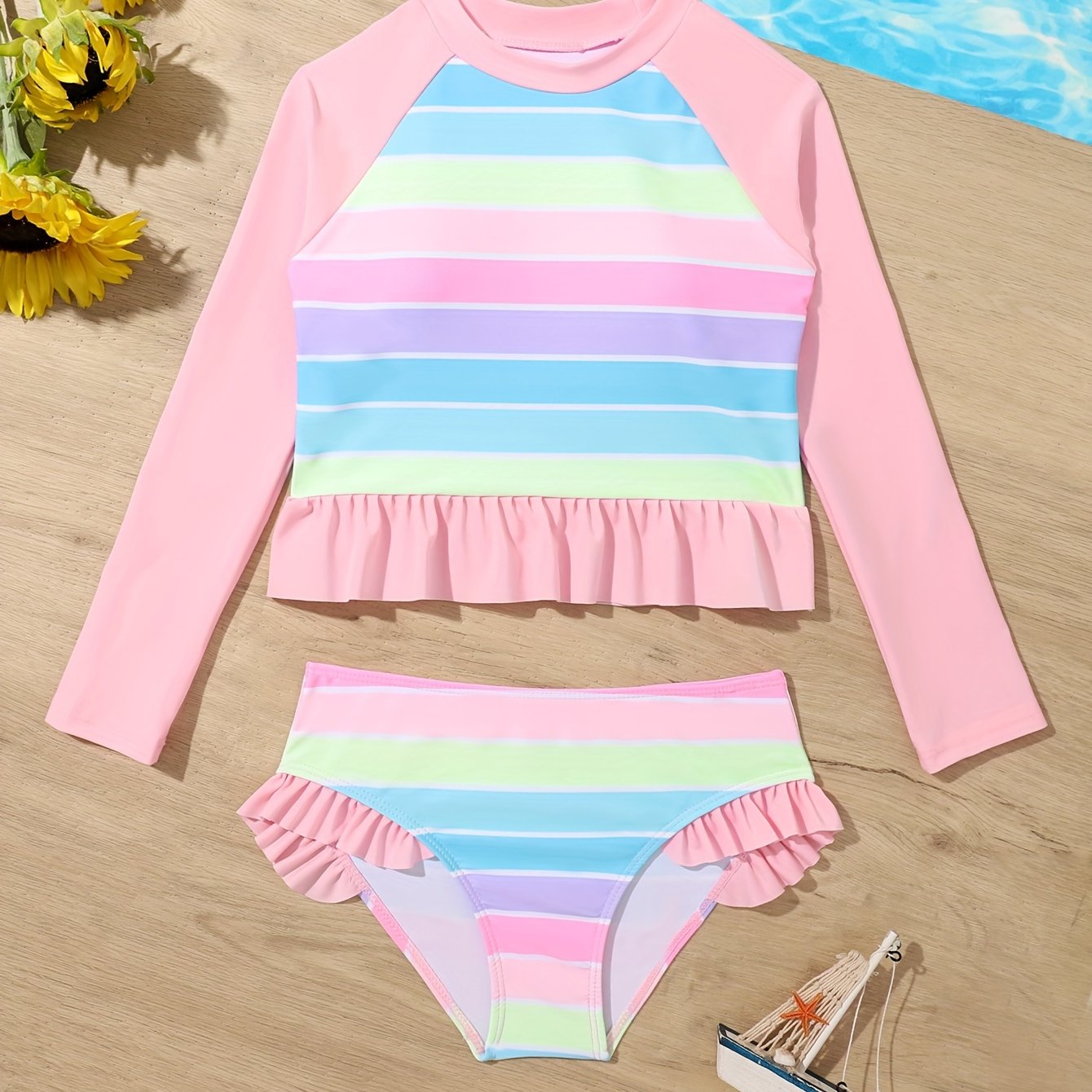 2pcs Rainbow Striped Tankini Swimsuit Long Sleeve Top Beach