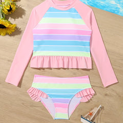 2pcs Rainbow Striped Tankini Swimsuit Long Sleeve Top Beach