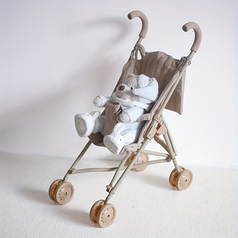 Apricot Iron Baby Doll Stroller with Storage Bag Foldable Toy Pram